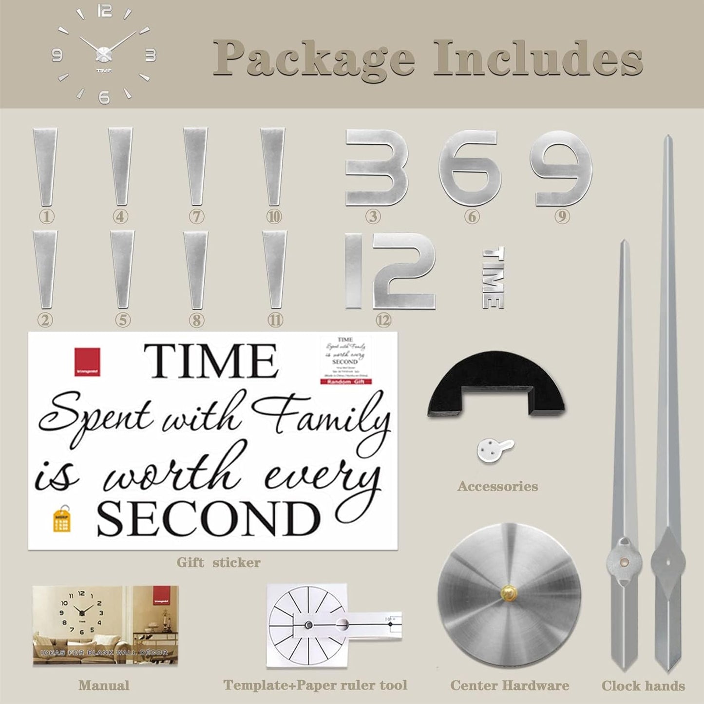 Large 3D Wall Clock DIY Wall Decoration Clock with Mirror Surface Sticker for Office Home Living Room Decor