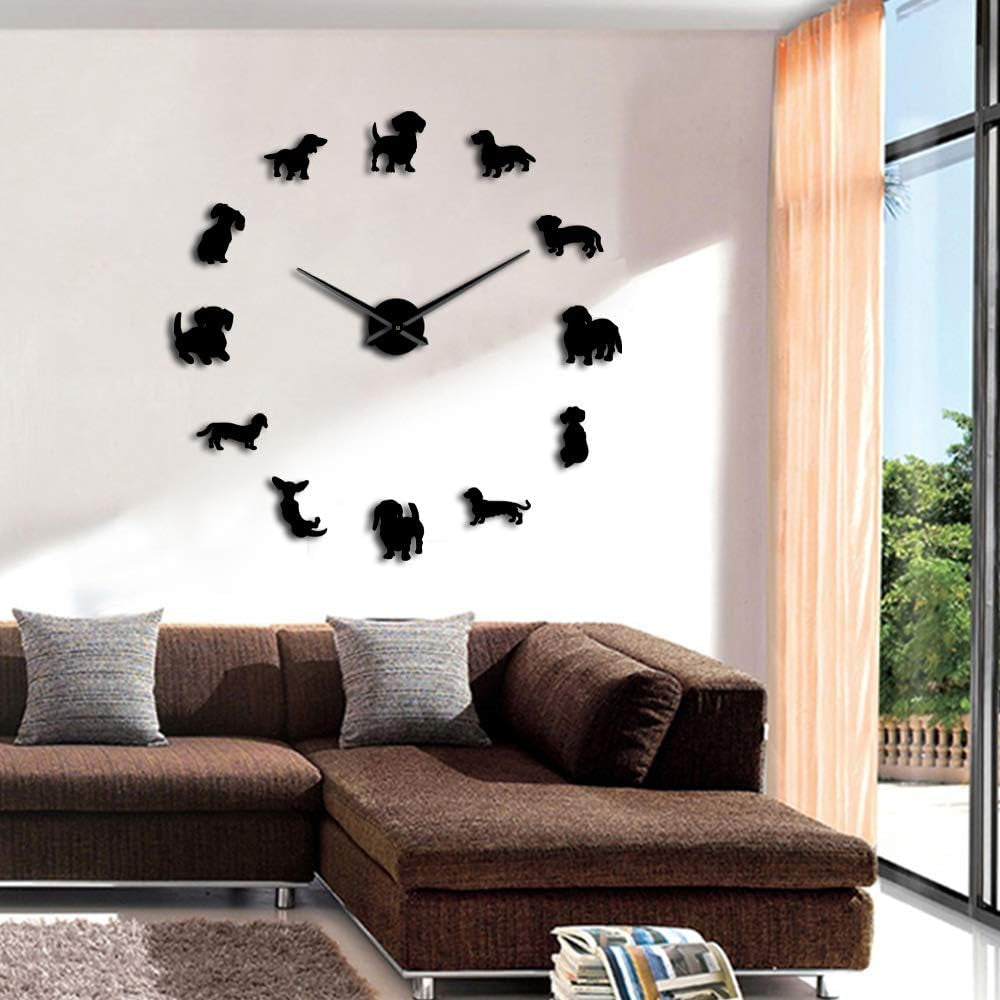 DIY Dachshund Wall Art Wiener-Dog Puppy Dog Pet Frameless Giant Wall Clock with Mirror Effect Sausage Dog Large Clock Wall Watch(Black)