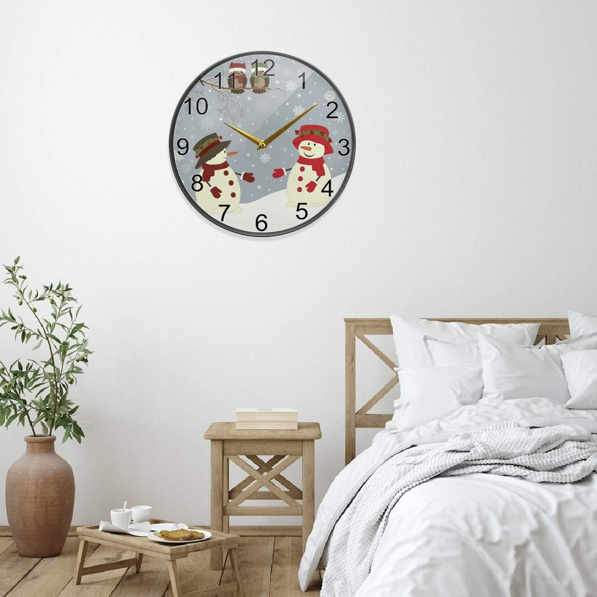 Winter Snowman Wall Clock 12Inch Non-Ticking Snowy Snowflake Owl Silent Desk Clocks Home Kitchen Custome Wall Decor
