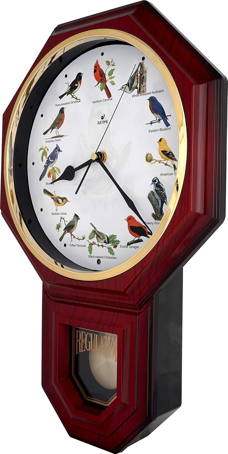 Unique 12 Northern Cardinal Bird'S Song Schoolhouse Pendulum Wall Clock Chimes Every Hour Melody Sweep Silent Movement (TCBD-PP-RB-RM Red Mahogany)