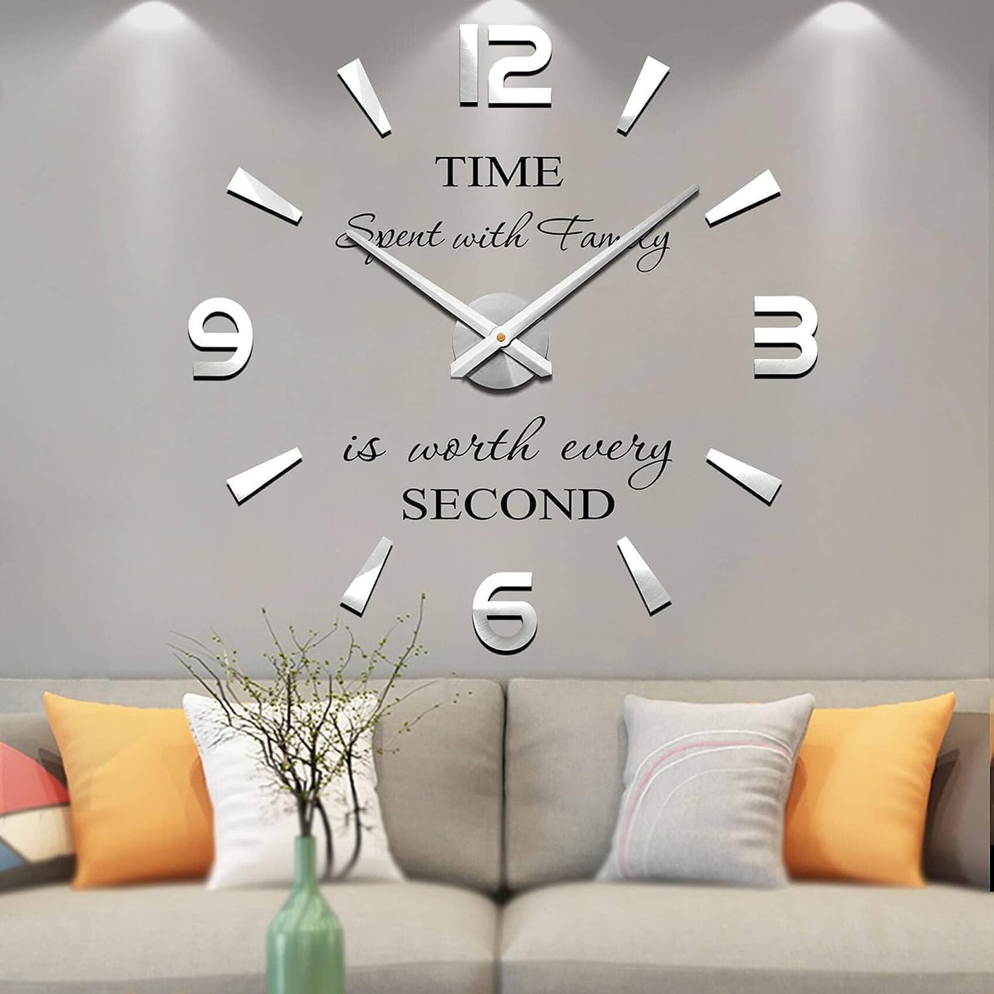Large 3D Wall Clock DIY Wall Decoration Clock with Mirror Surface Sticker for Office Home Living Room Decor