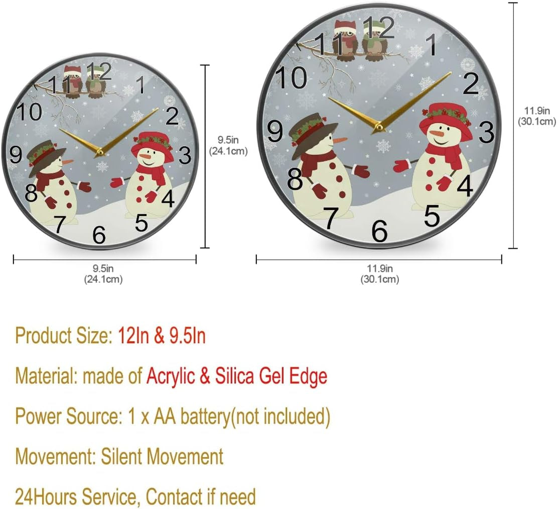 Winter Snowman Wall Clock 12Inch Non-Ticking Snowy Snowflake Owl Silent Desk Clocks Home Kitchen Custome Wall Decor