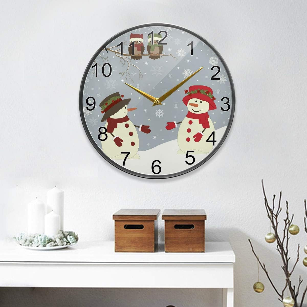 Winter Snowman Wall Clock 12Inch Non-Ticking Snowy Snowflake Owl Silent Desk Clocks Home Kitchen Custome Wall Decor