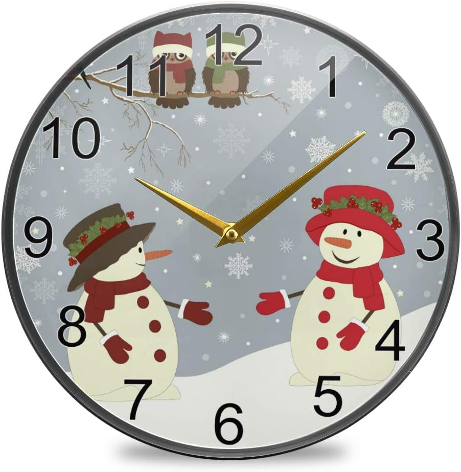 Winter Snowman Wall Clock 12Inch Non-Ticking Snowy Snowflake Owl Silent Desk Clocks Home Kitchen Custome Wall Decor