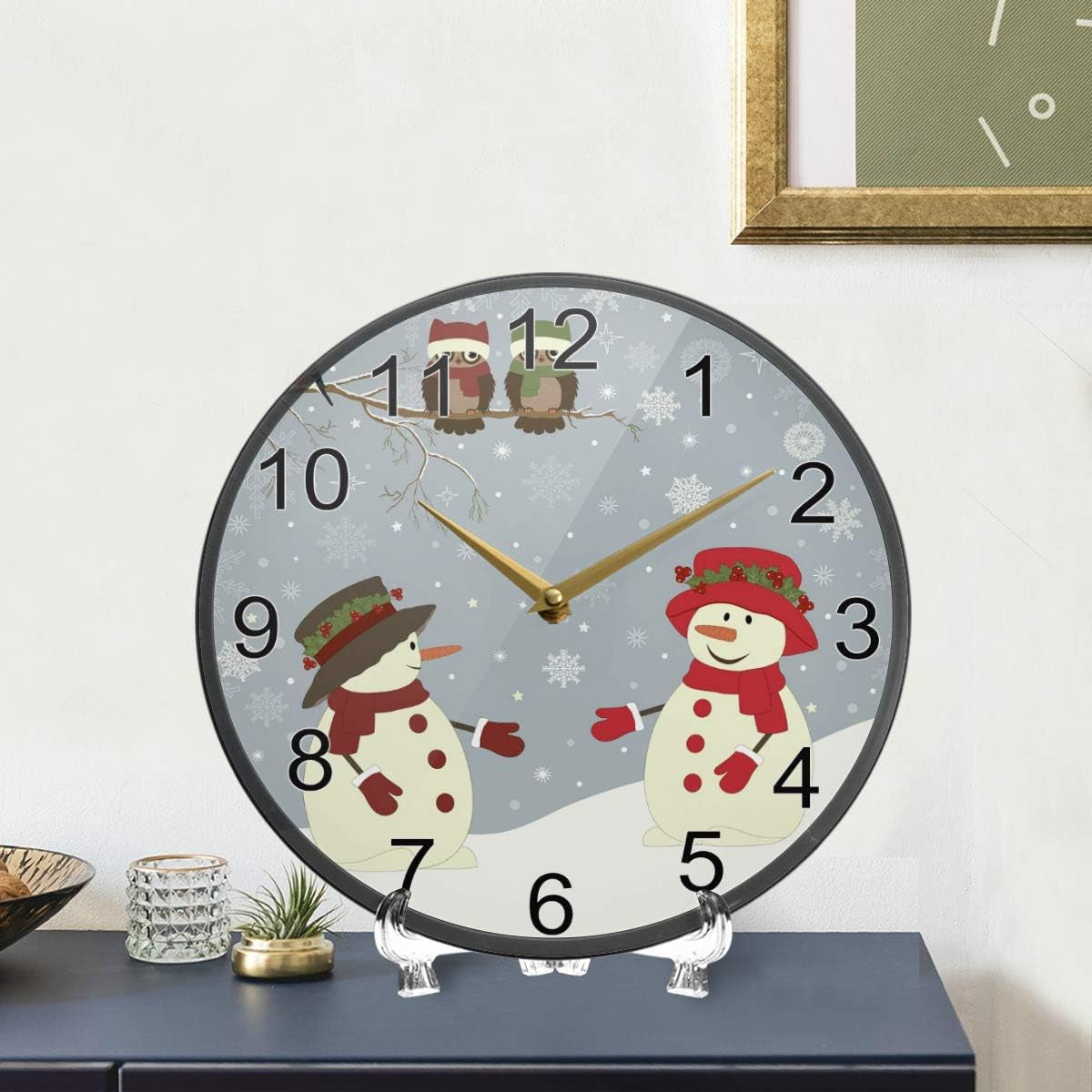 Winter Snowman Wall Clock 12Inch Non-Ticking Snowy Snowflake Owl Silent Desk Clocks Home Kitchen Custome Wall Decor