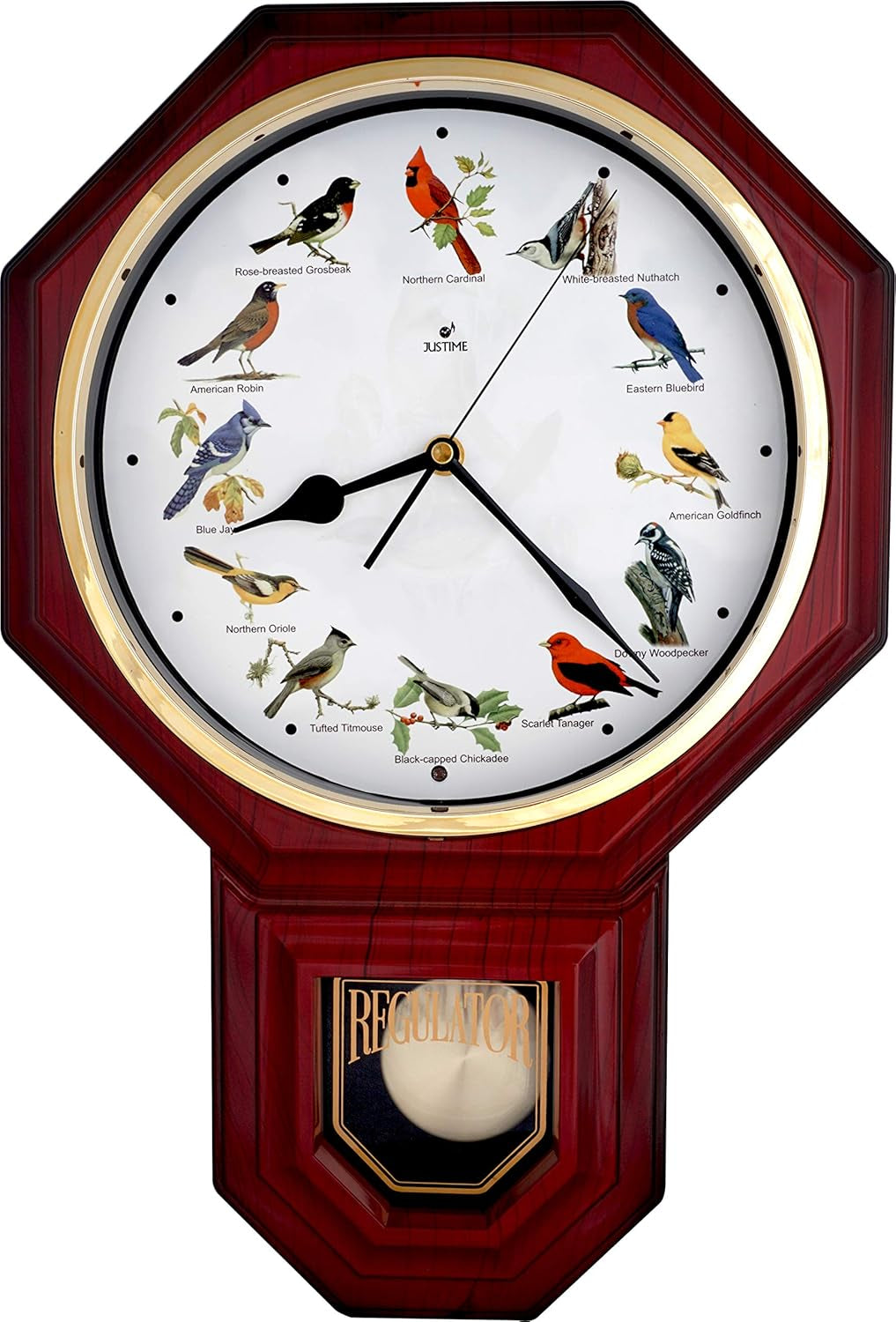 Unique 12 Northern Cardinal Bird'S Song Schoolhouse Pendulum Wall Clock Chimes Every Hour Melody Sweep Silent Movement (TCBD-PP-RB-RM Red Mahogany)